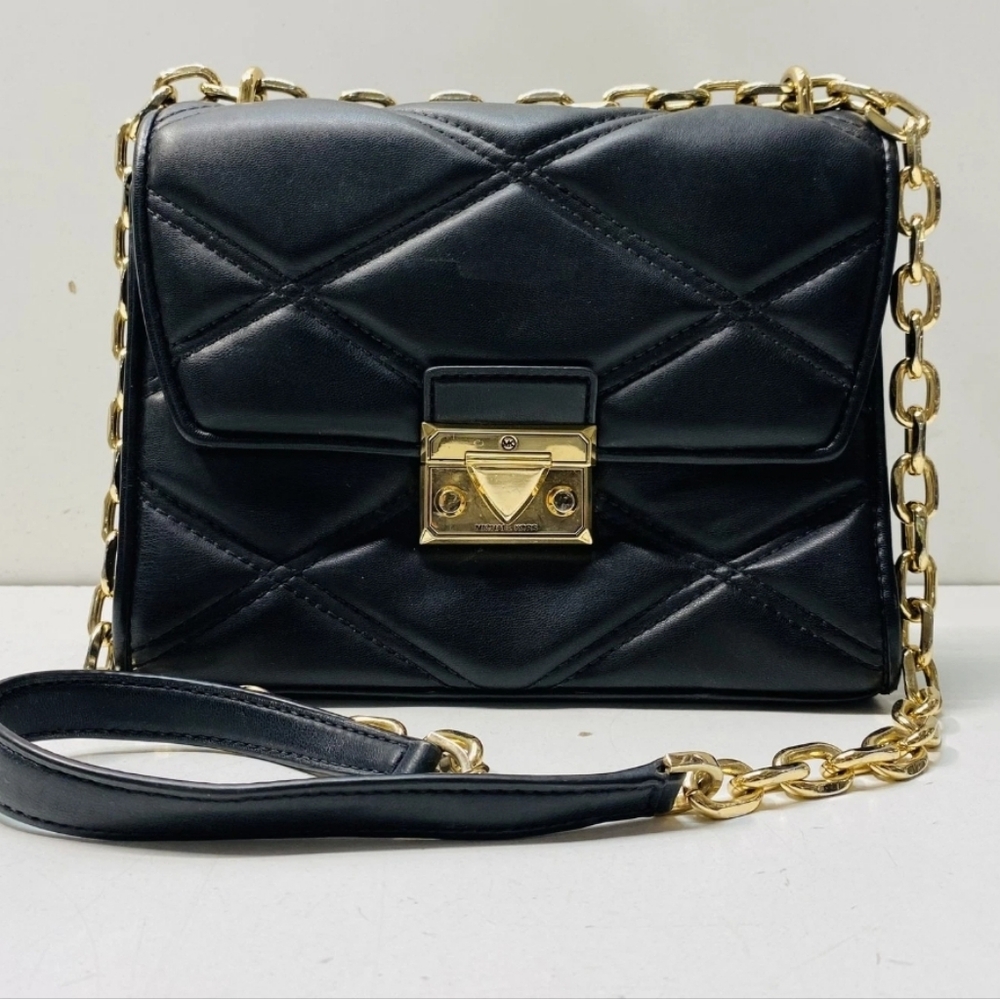 Michael Kors Quilted Black Evening Bag with Gold- Toned Metal Hardware & Chain